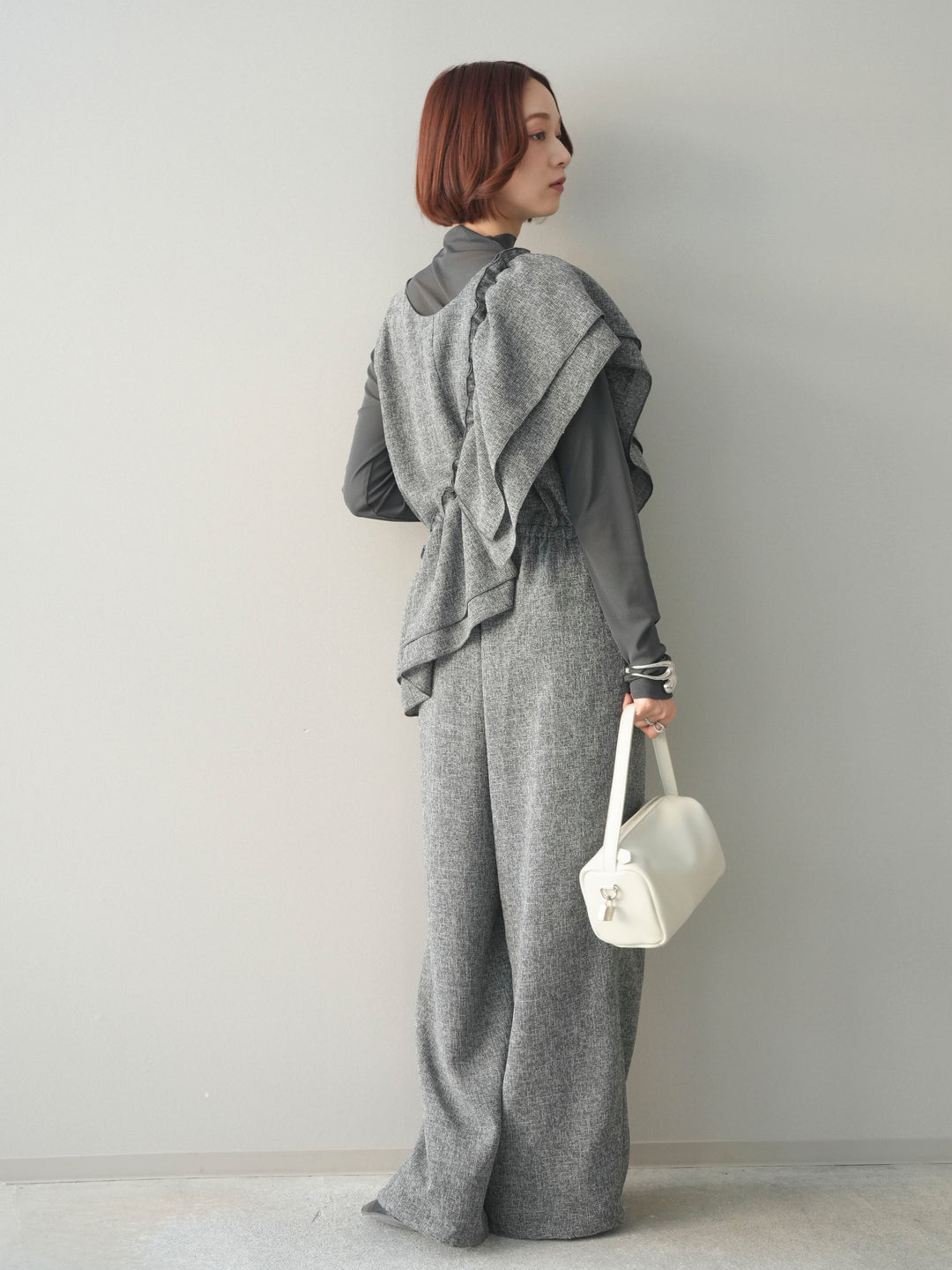 [SET]3WAYミックスツイードギャザーオールインワン+シアープチネックストレッチトップス(2set)