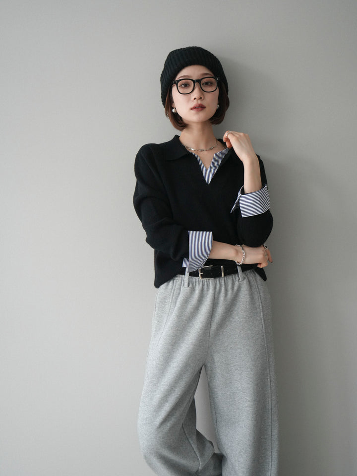 [予約]シャツレイヤードスキッパーニットプルオーバー/black