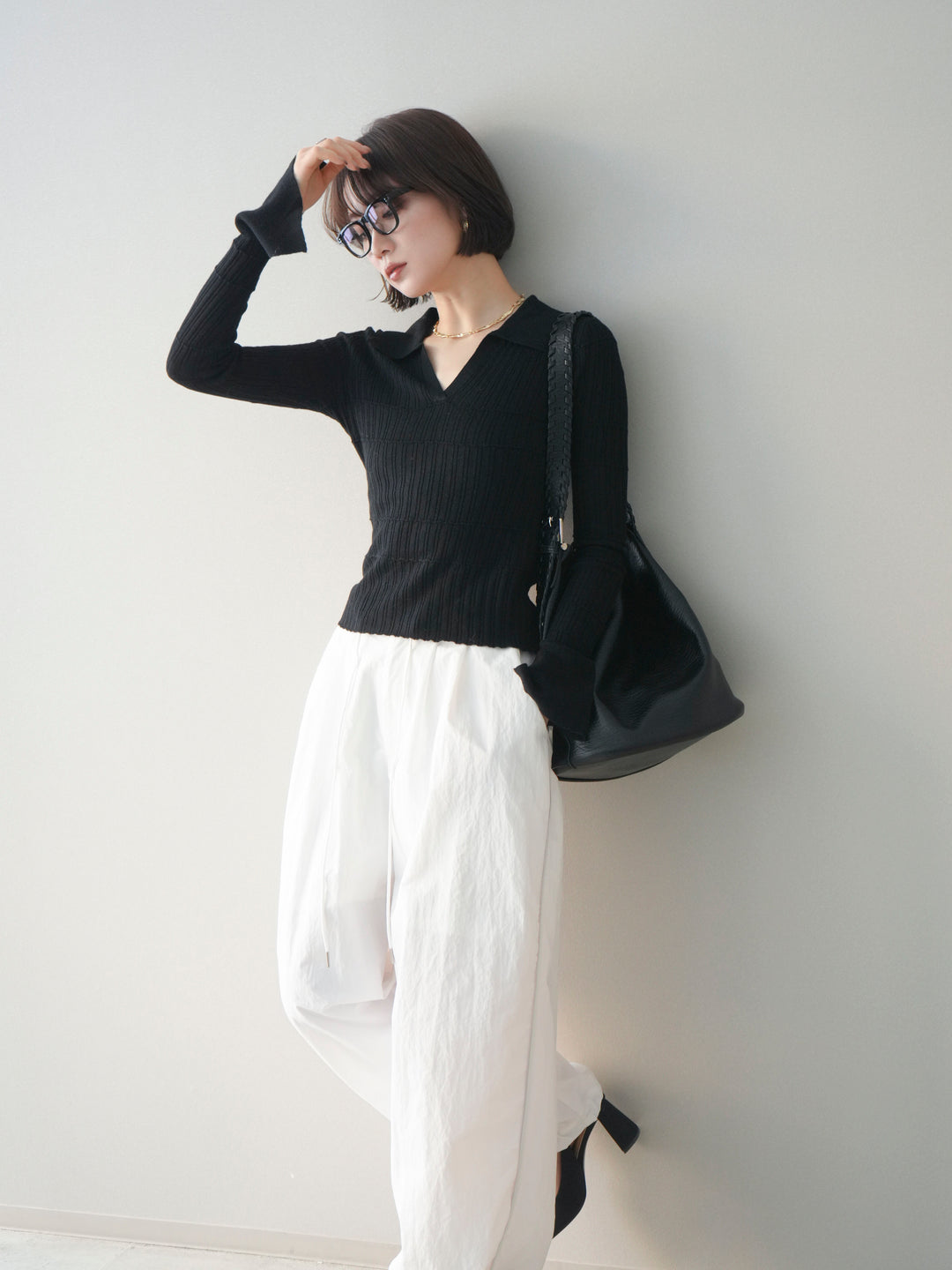 [予約]シアーリブスキッパーニットトップス/black