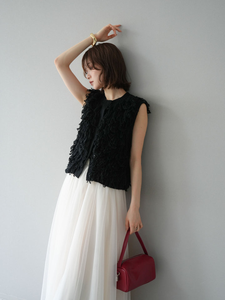 [SET] 前開衩針織背心 + 薄紗蓬鬆裙 (2 件套)