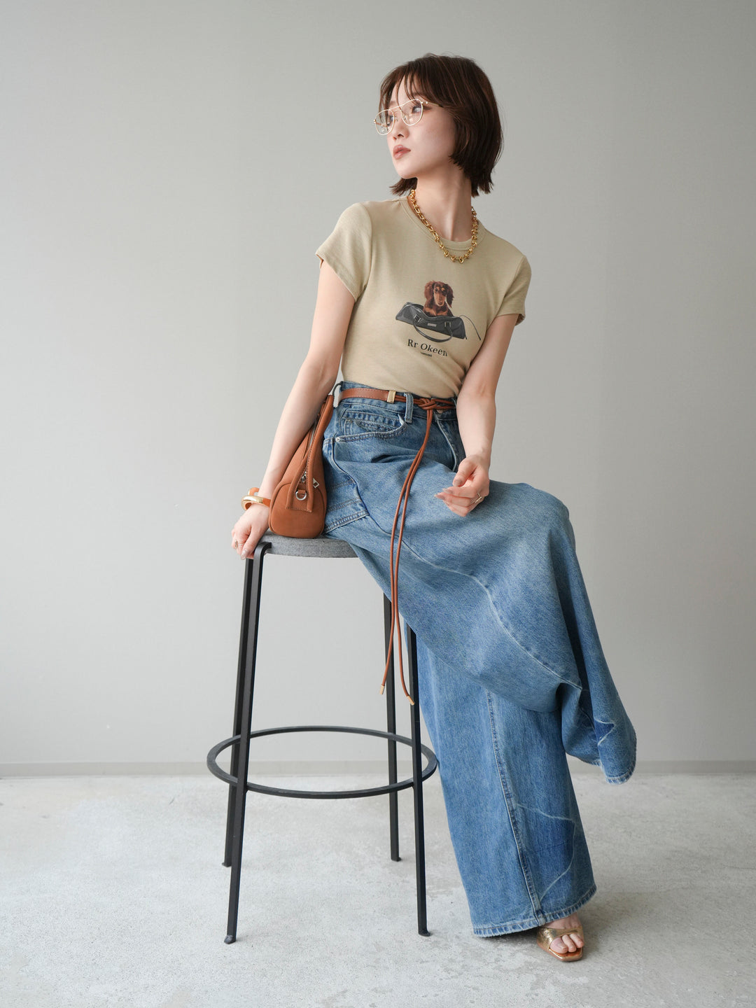[SET]ドッグコンパクトTEE+ベルト付ボリュームデザインデニム(2set)