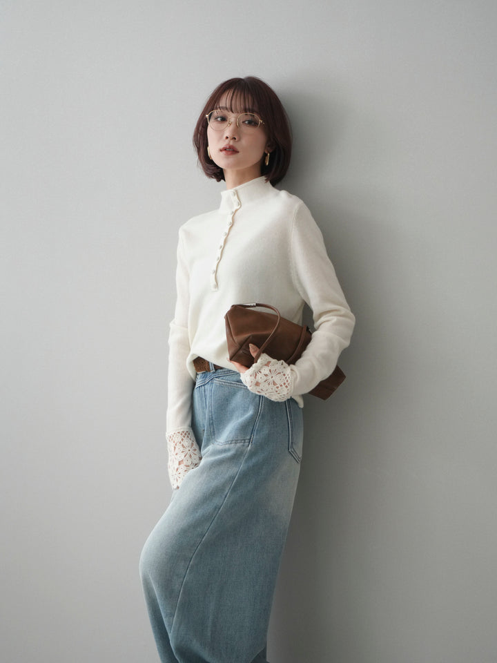 [予約]袖スカラップレースフロントボタンウールニットトップス/white