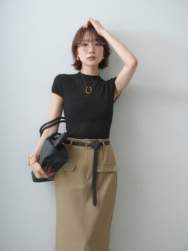 [SET]シアーバックボタンリブニットトップス+クレープデシンフラップ付きストレートスカート(2set)