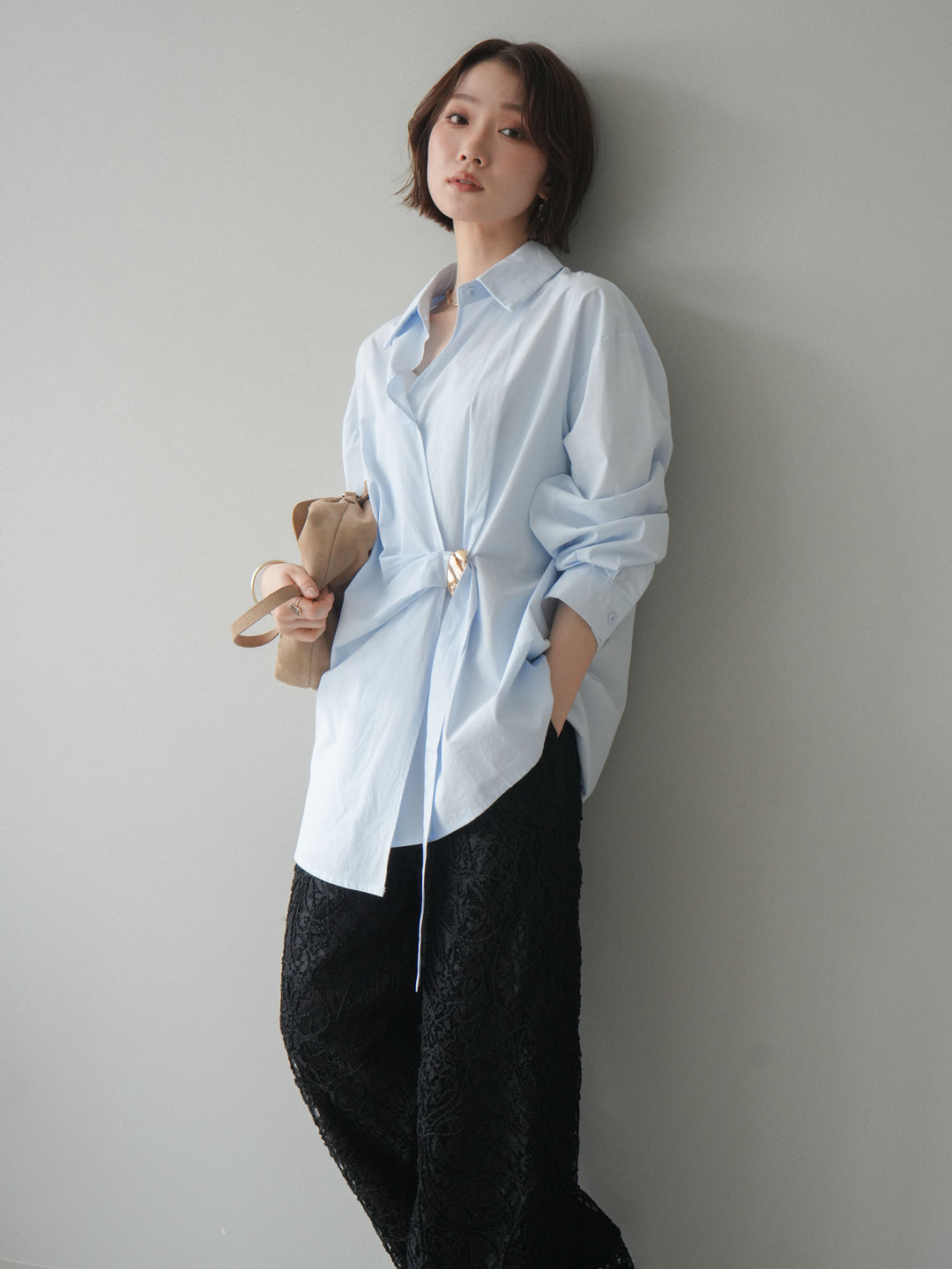 [SET]メタルパーツドレープシャツ+シアーコードレースイージーパンツ(2set)