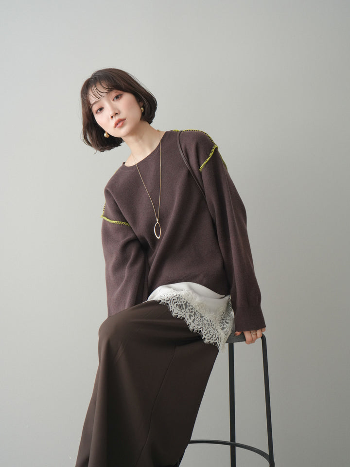 [SET]バックロゴ刺繍配色ステッチニットプルオーバー+選べるアクセセット(2set)