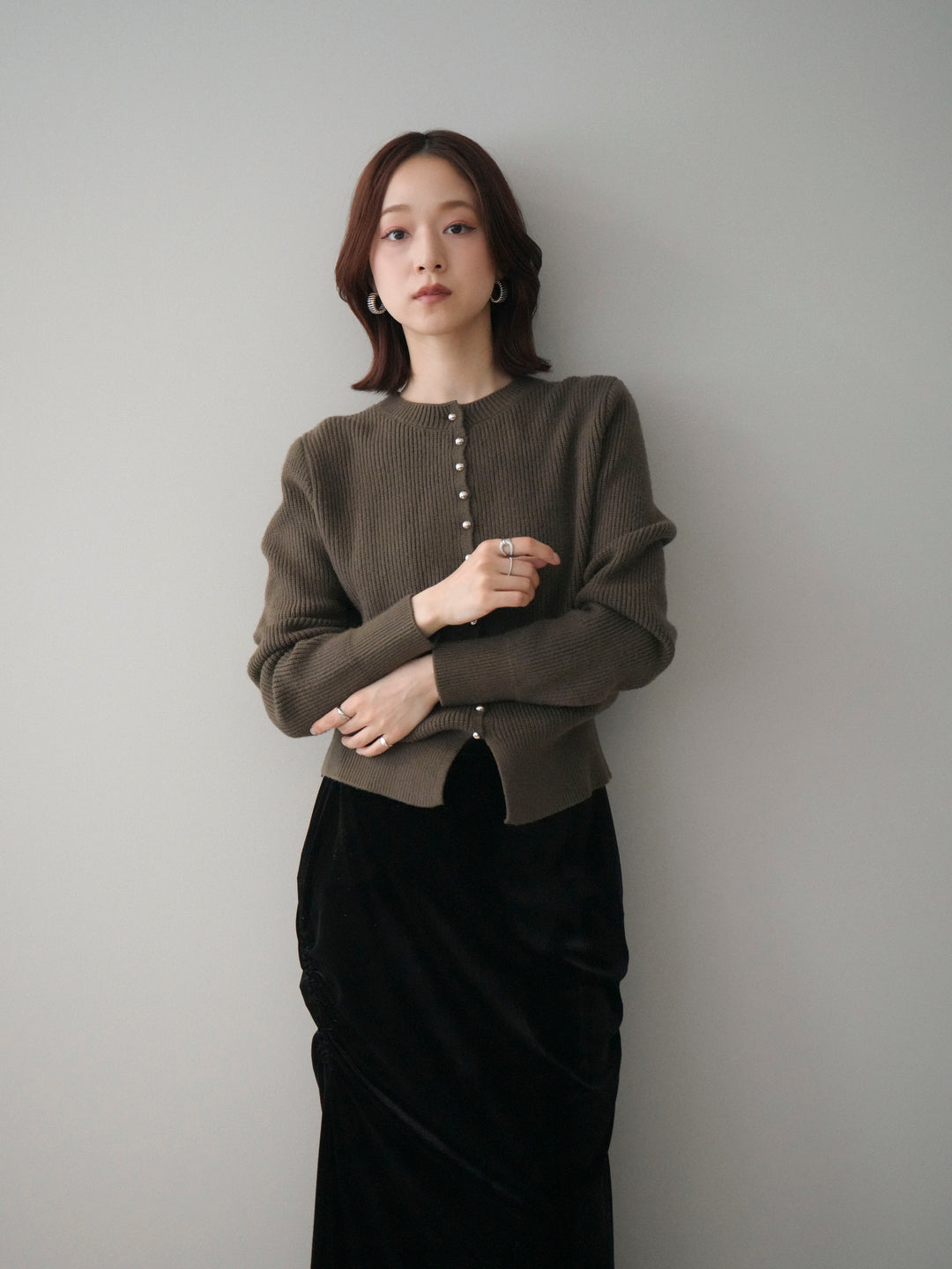 [予約]シルバーボタン畦編みニットカーディガン/brown