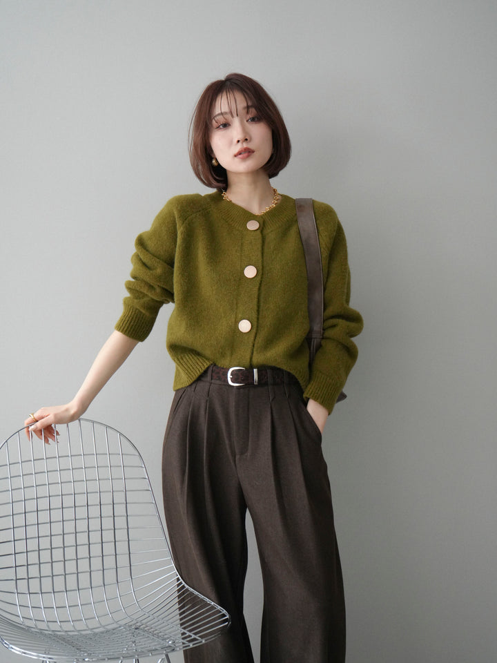 [SET]BIGボタンニットカーディガン+アニマル柄ベルト付きウールタッチワイドパンツ(2set)