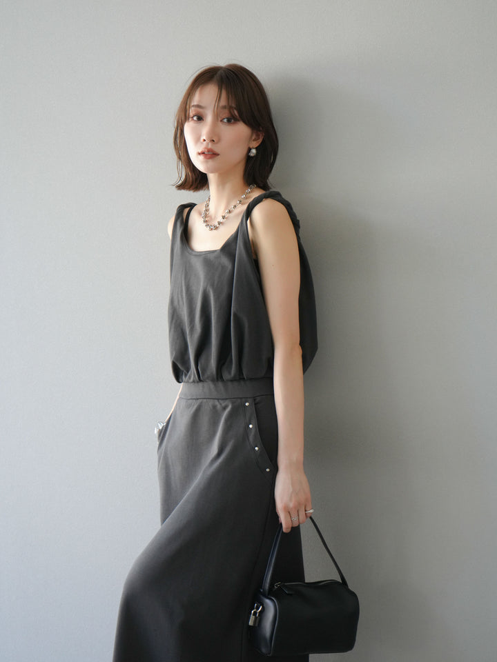 [SET]ミニ裏毛ツイストキャミバルーントップス＆Iラインスカート(2set)