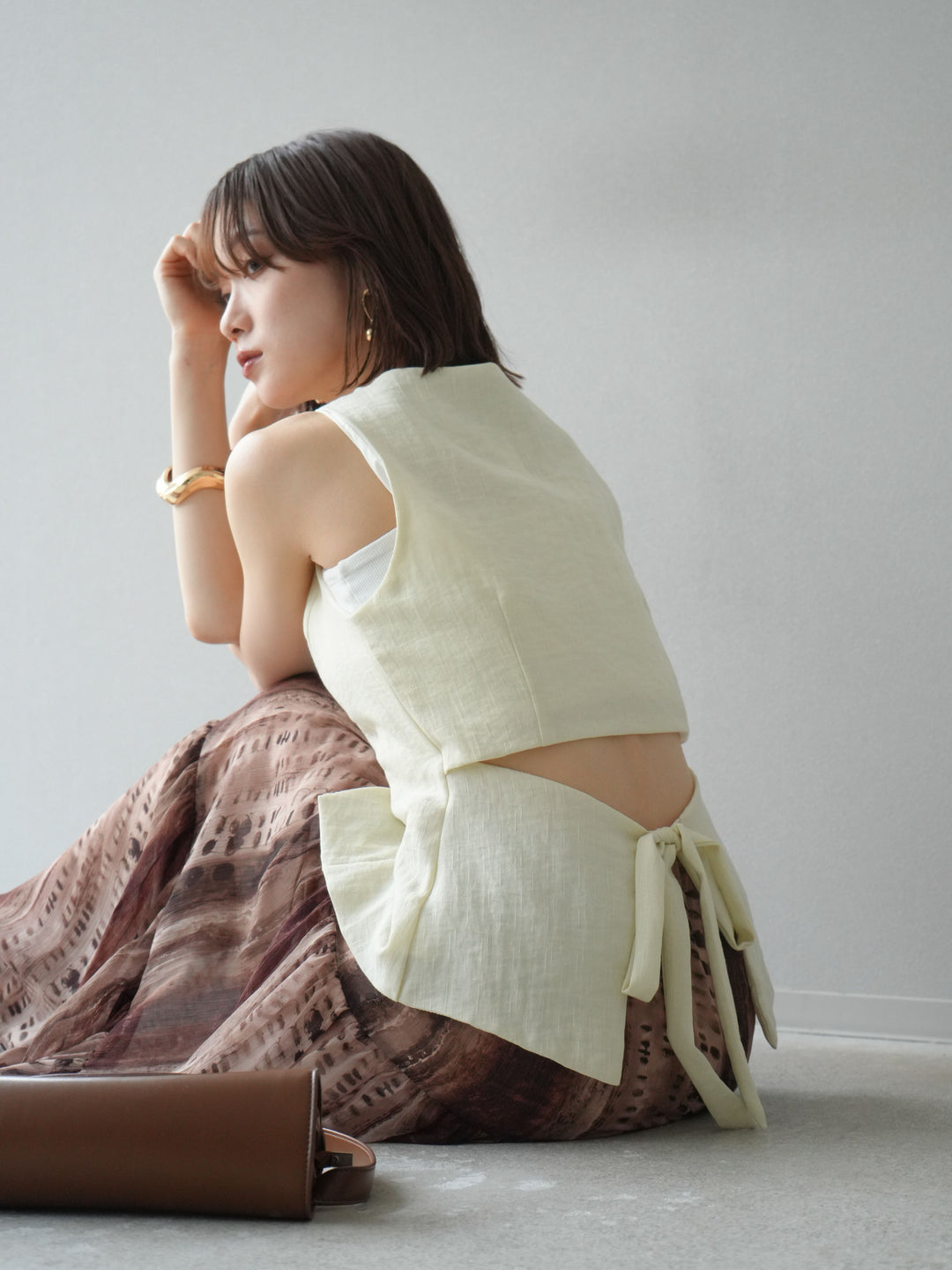 [SET]リネンタッチバックオープンベスト＆ニュアンス柄マキシスカートSET UP(2set)