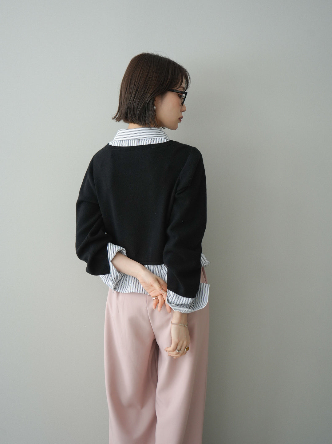 [予約]ストライプシャツUネックドッキングニットプルオーバー/blackoffstripe