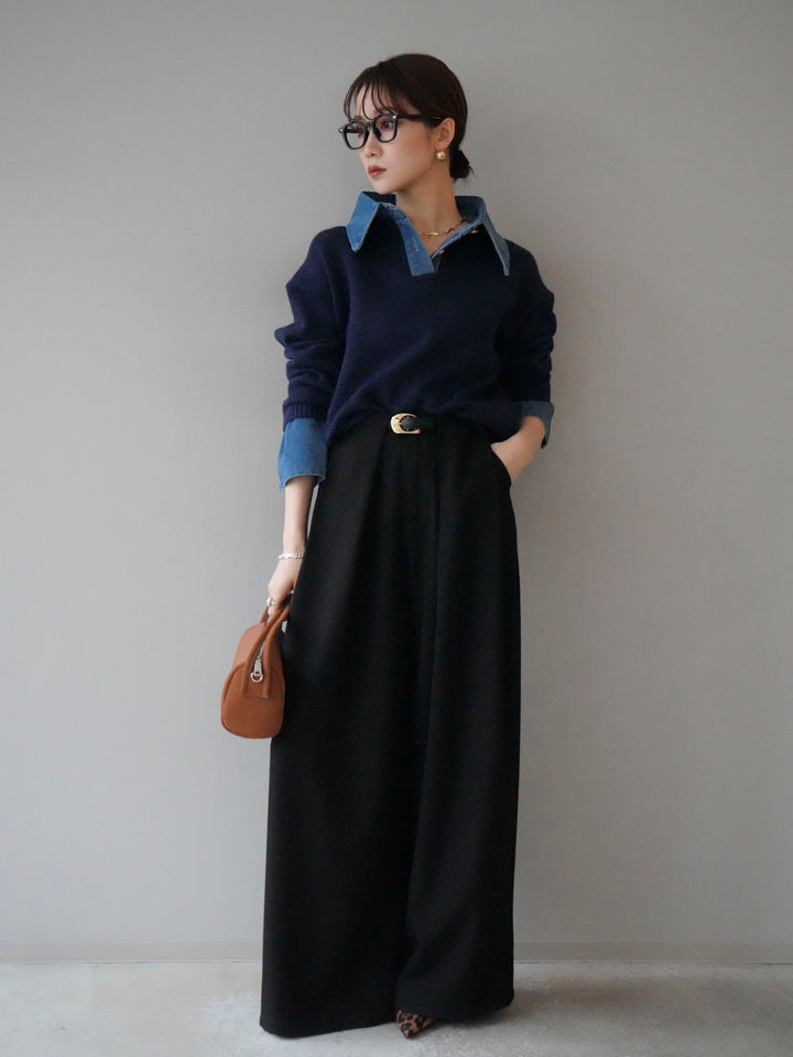 [SET]デニム襟ポロニットプルオーバー+ベルトループデザインワイドパンツ(2set)