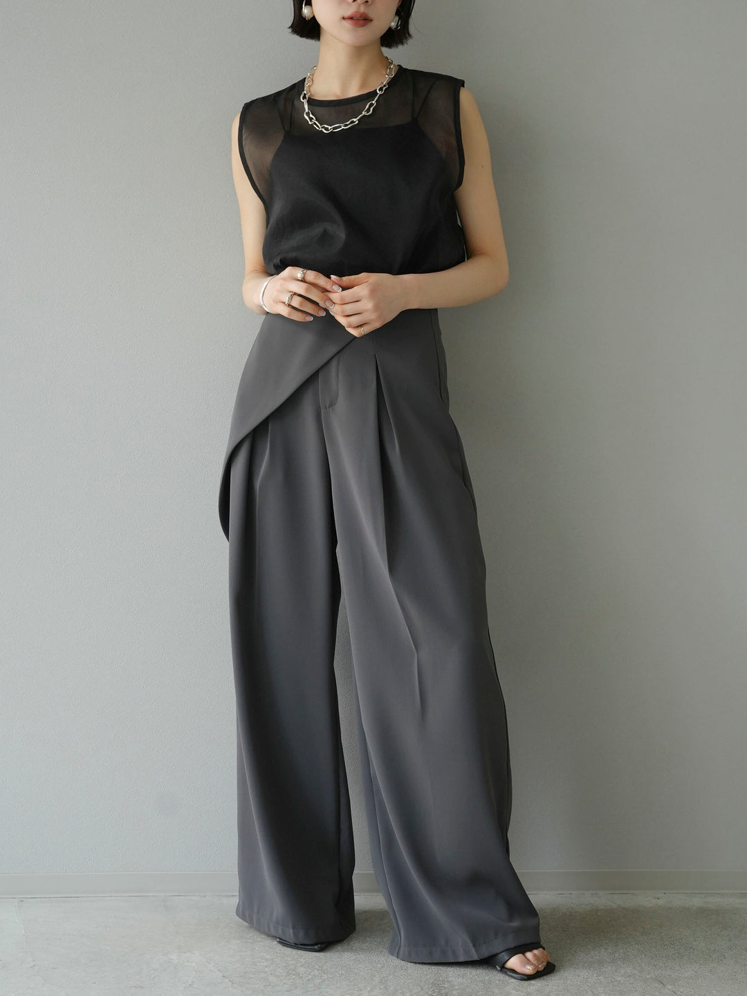 [SET] Organza sleeveless top + wrap wide pants (2set)