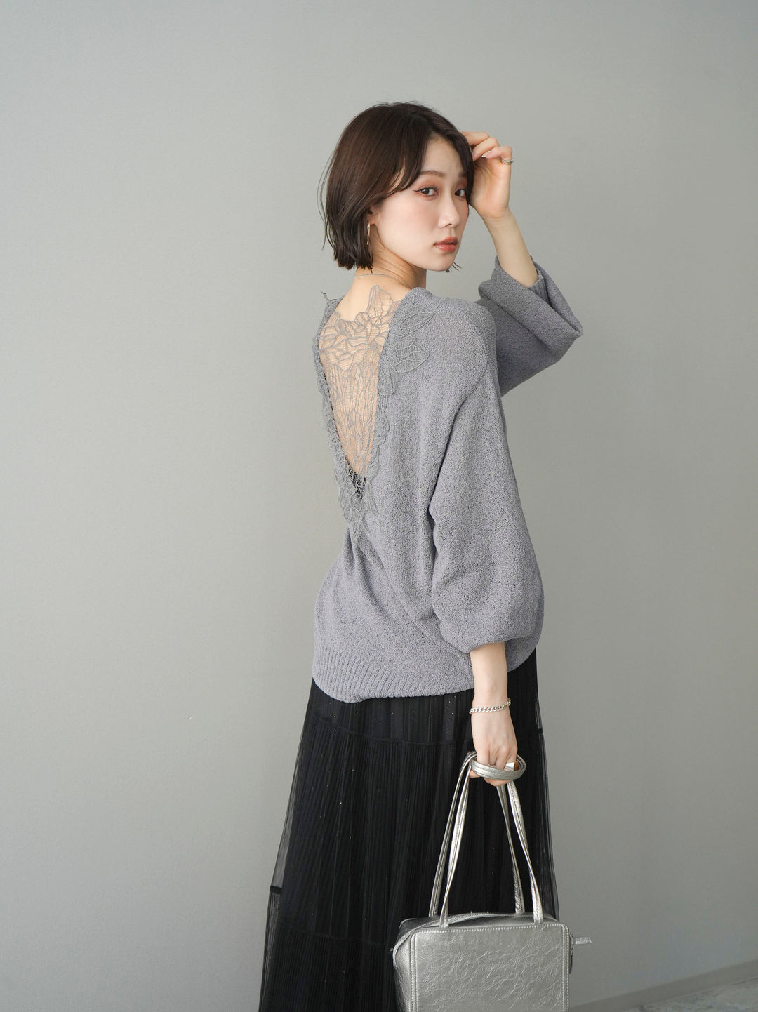 [予約]バックシアーフラワーレースニットプルオーバー/gray