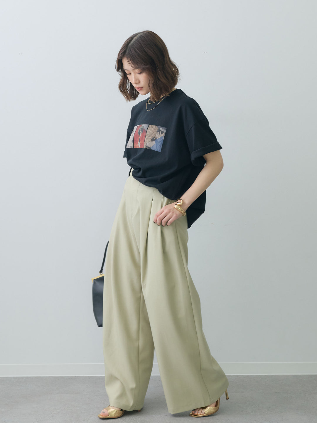 [SET]スリードッグフォトボックスTEE+アシンメトリーベルトタックワイドパンツ(2set)