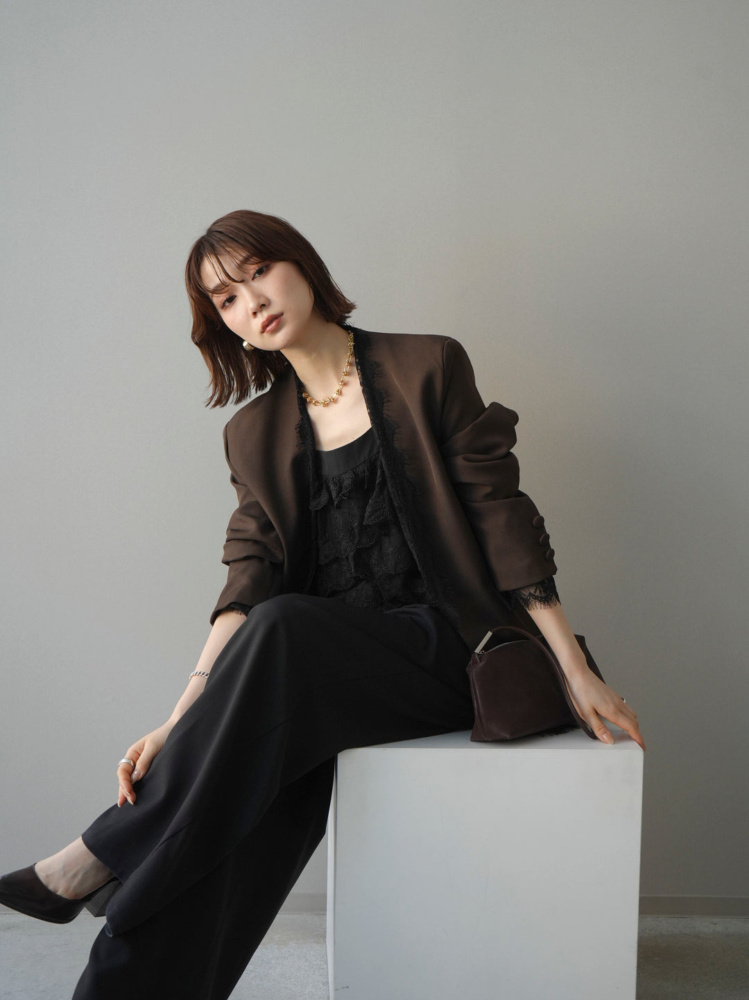 [SET]ノーカラーレースジャケット+ベルト付キーホルダーモチーフワイドパンツ(2set)