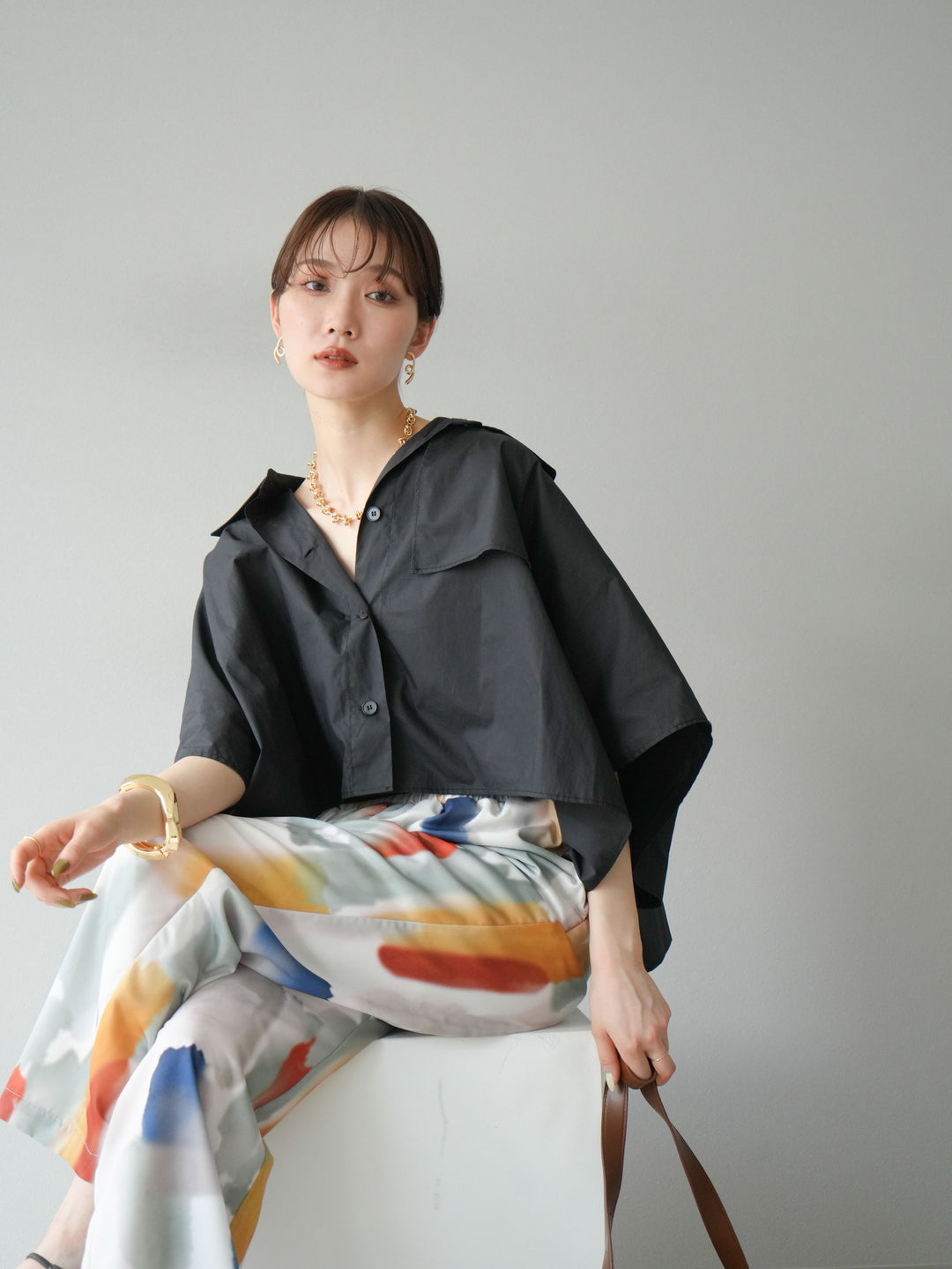 [予約]ポンチョショートシャツ/ブラック