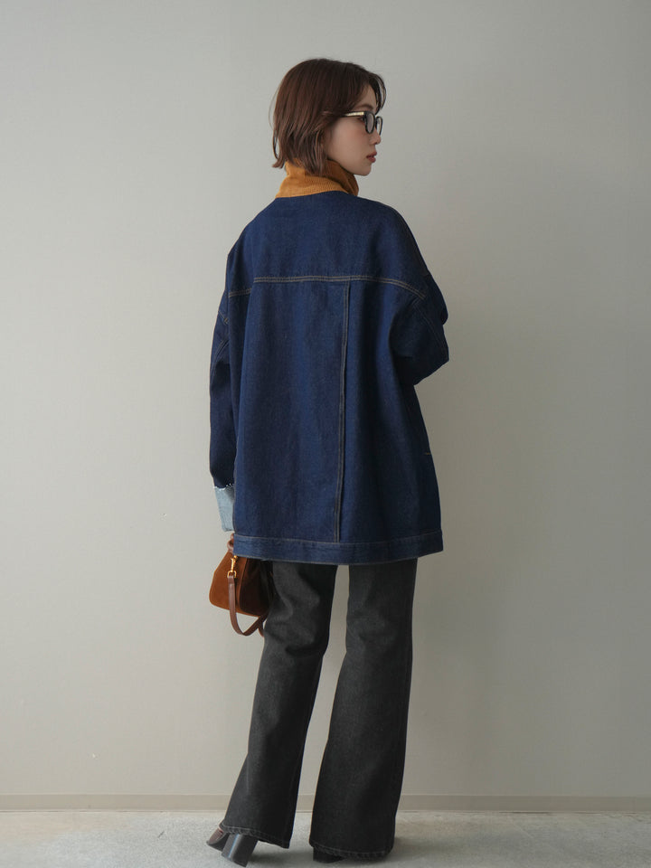 [SET]コーデュロイ×デニムミドルジャケット+フレアデニムパンツ(2set)