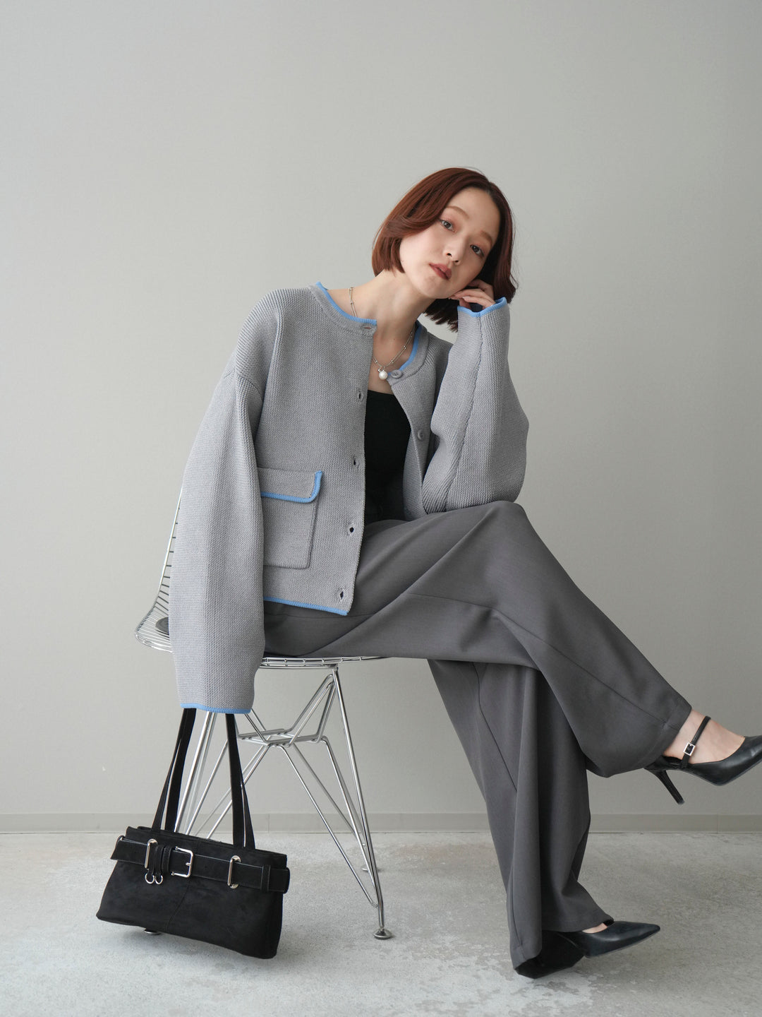 [SET]ポリエステル配色ニットカーディガン+ウエストレースタックワイドパンツ(2set)