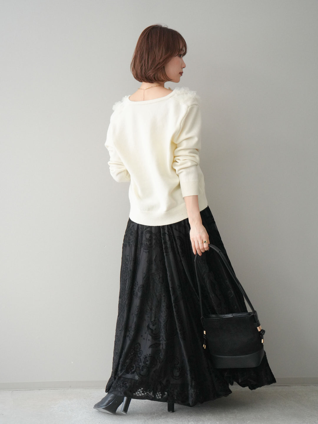 [SET]チュールフリルニットカーディガン+アンティーク柄フロッキーマキシスカート(2set)