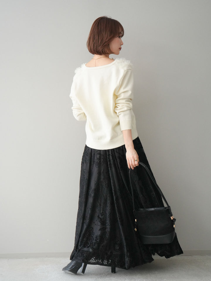 [SET]チュールフリルニットカーディガン+アンティーク柄フロッキーマキシスカート(2set)