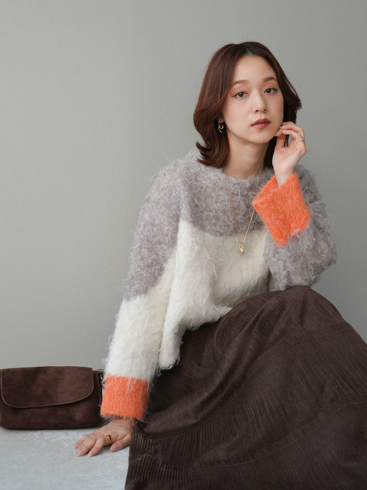 [SET]バイカラーモヘアタッチニットプルオーバー+型押しスエードティアードプリーツスカート(2set)