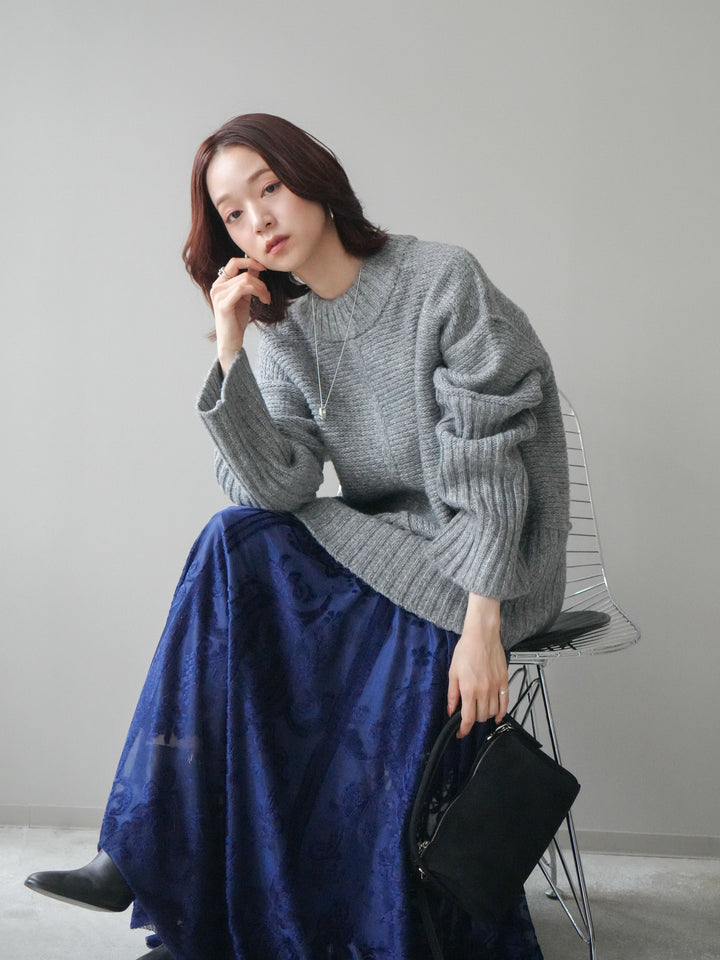 [SET]編み地切替ボトルネックニットプルオーバー+アンティーク柄フロッキーマキシスカート(2set)