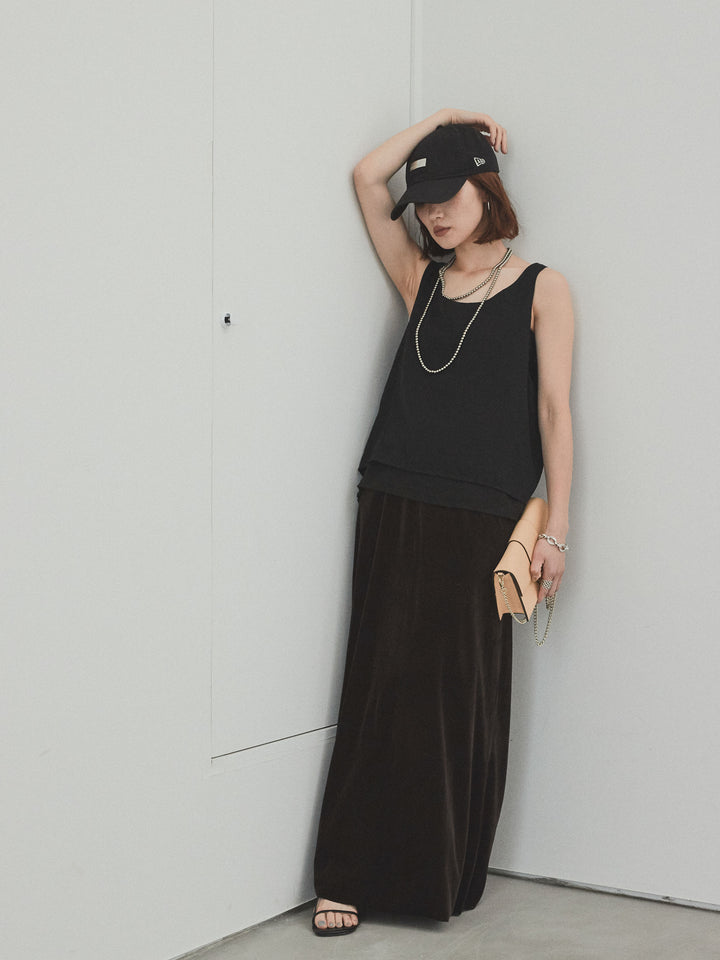 [SET]ワッシャーサテンシアーレイヤードタンクトップ+ベロアナロースカート(2set)