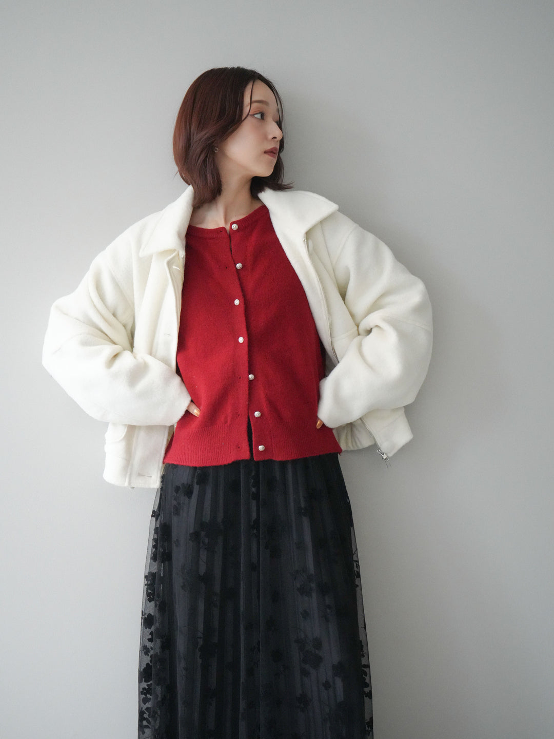 [SET]ウールライクフライトジャケット+アンティークボタンニットカーディガン(2set)