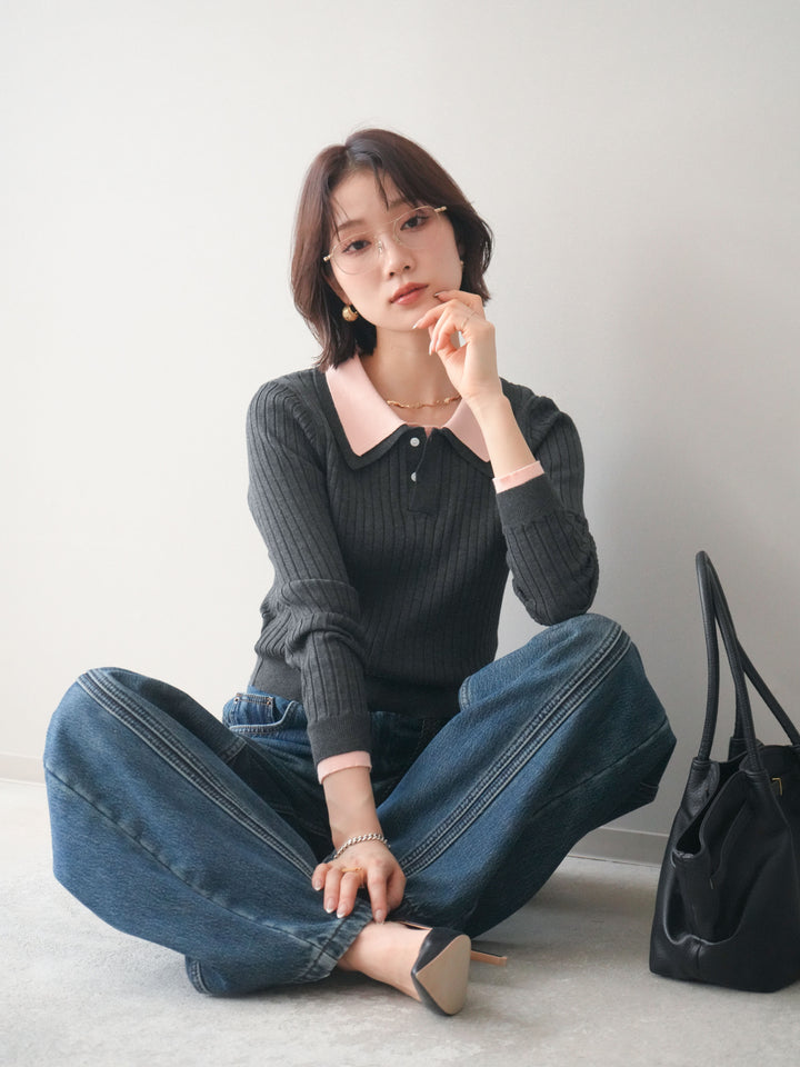 [予約]ダブル襟ポロリブニットトップス/charcoalgray