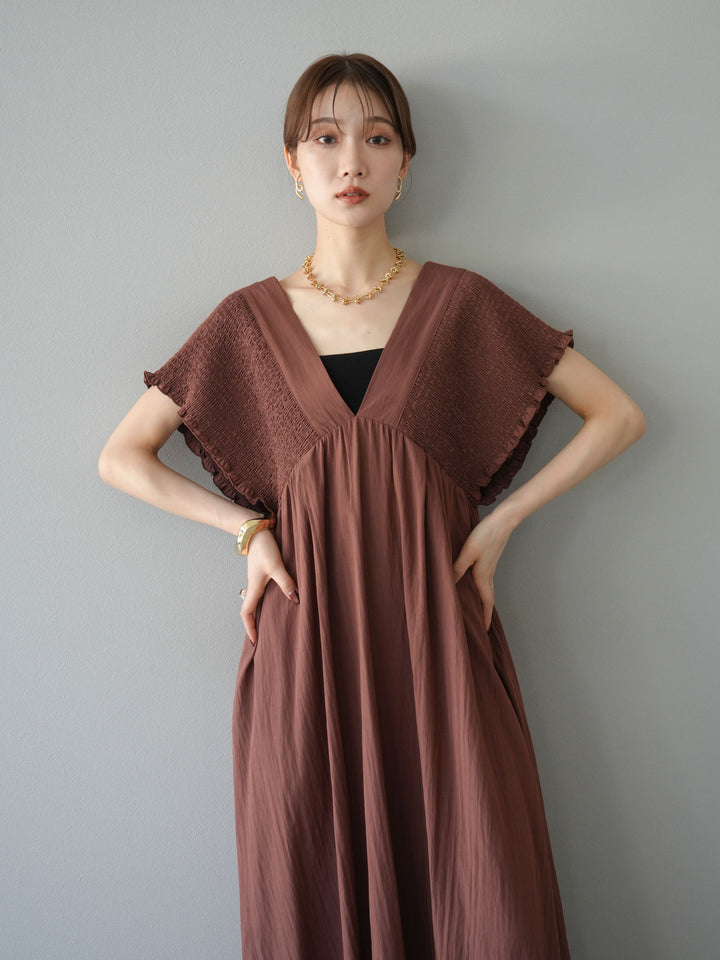 【預購】褶皺V領洋裝/棕色