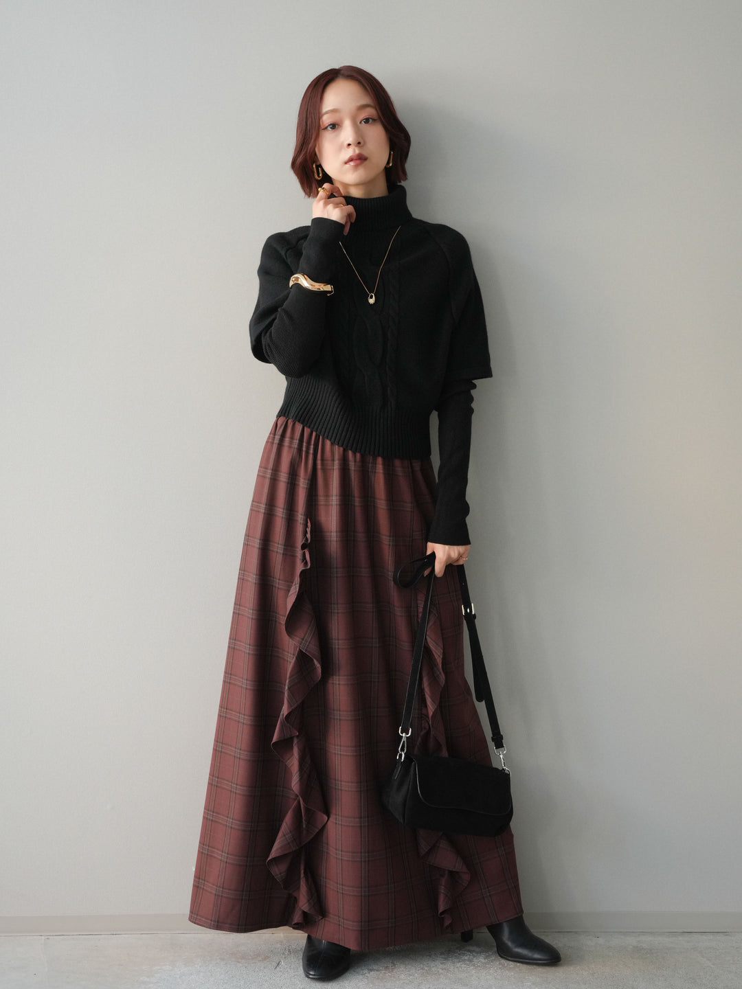 [予約]チェック柄フリルハイウエストマキシスカート/darkbrown