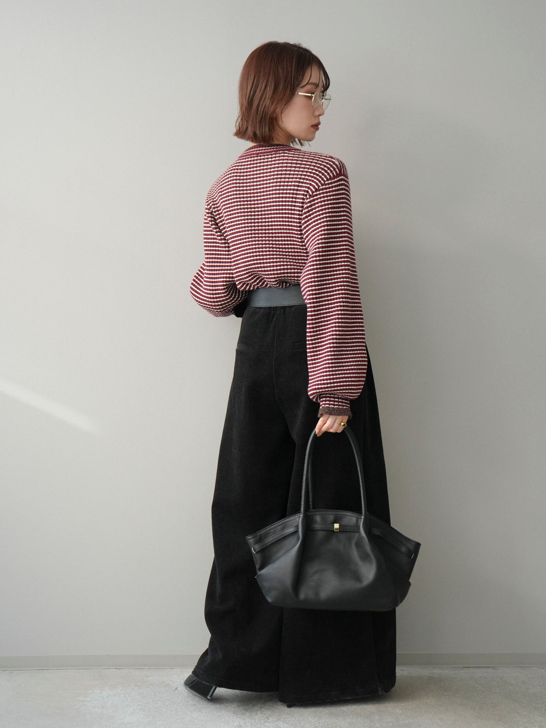 [SET]ラメ異素材ボーダーリブニットプルオーバー+ベルトデザインループコールテンワイドパンツ(ベルト付き)(2set)