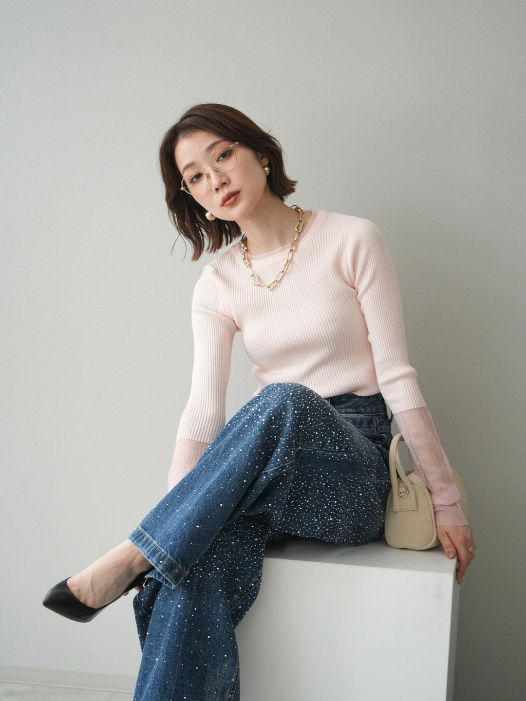 [SET]リブラメシアー切替リブニットトップス+ラインストーンカーブデニムパンツ(2set)