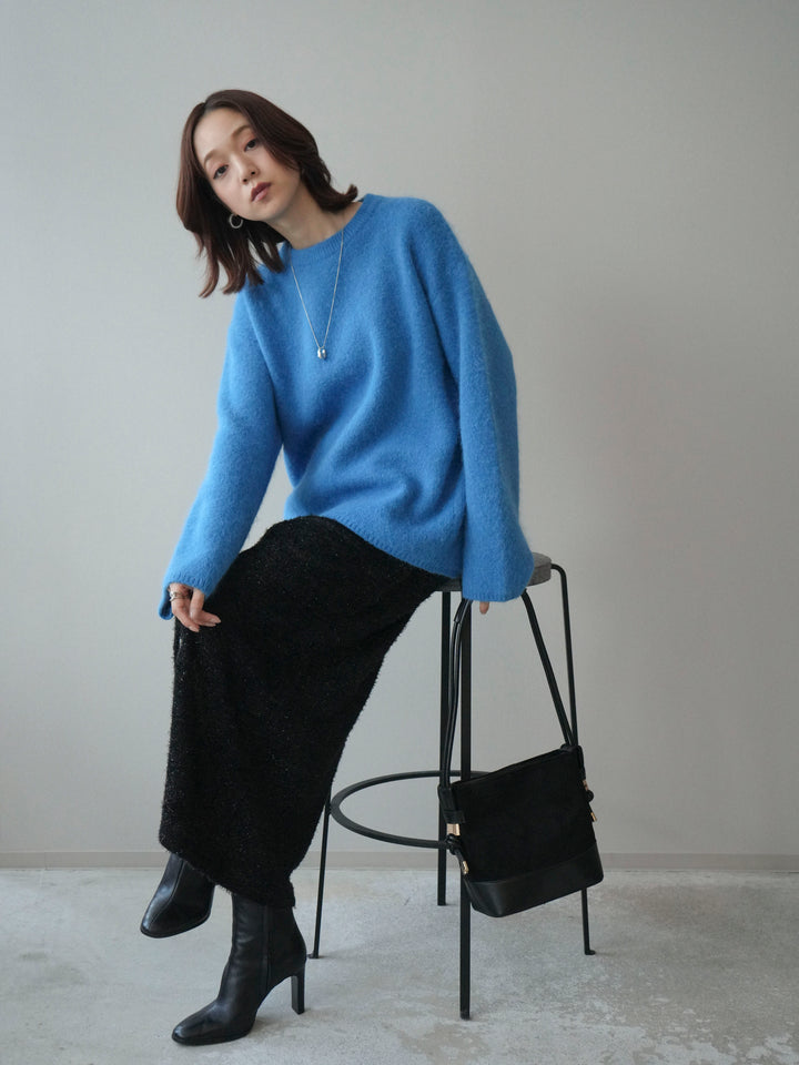 [SET]アンゴラタッチクルーネックニットプルオーバー+ラメシャギーフロントジップスカート(2set)