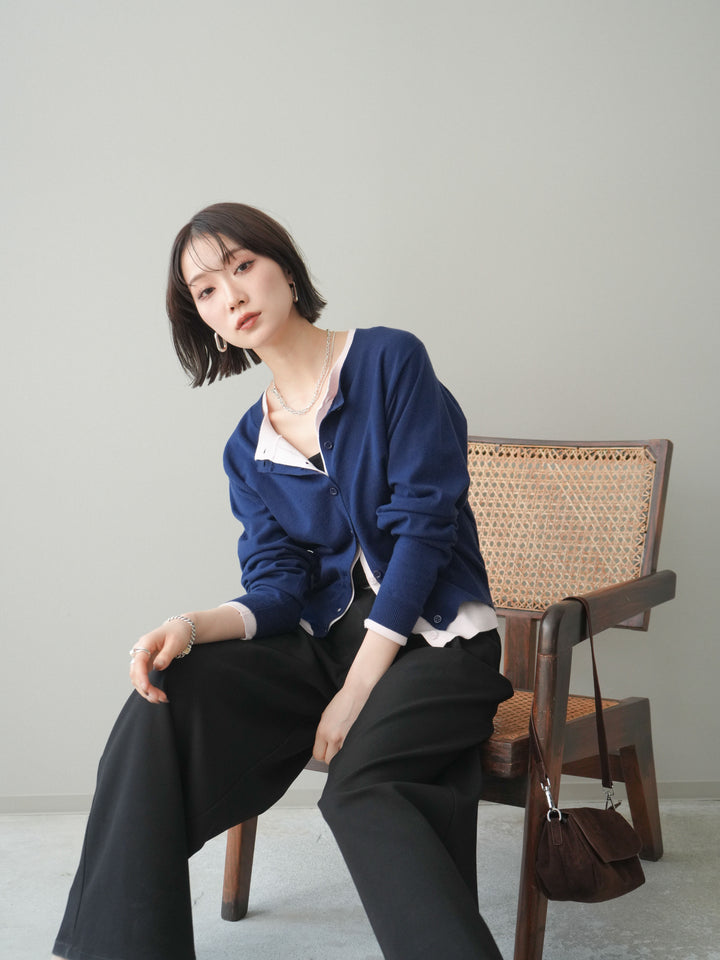 【預購】撞色疊層針織開襟衫 / 藏青色