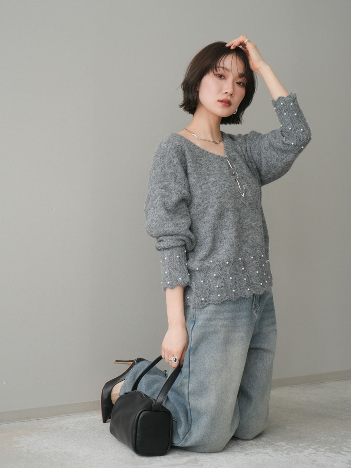 [SET]パールフリルリブヘムニットプルオーバー+選べるアクセセット(2set)