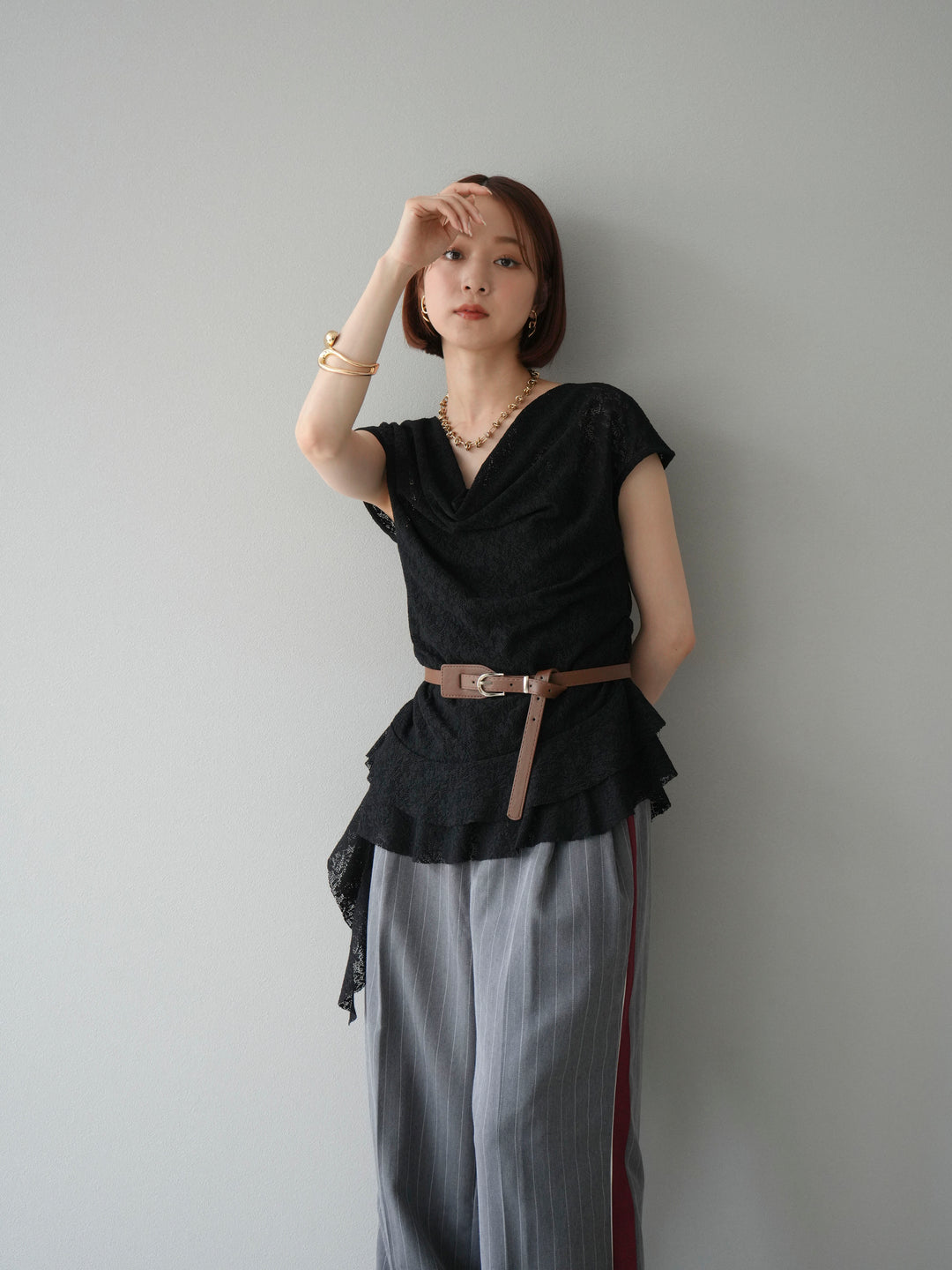 [予約]サイドラインストライプワイドパンツ/グレー