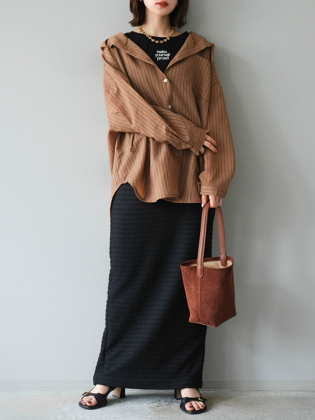 [予約]ワッシャーストライプフーディーシャツ/ブラウン