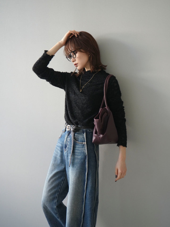 [予約]起毛レースプチネックトップス/black