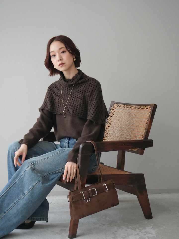 [予約]メッシュケープアンサンブルニットプルオーバー/brown