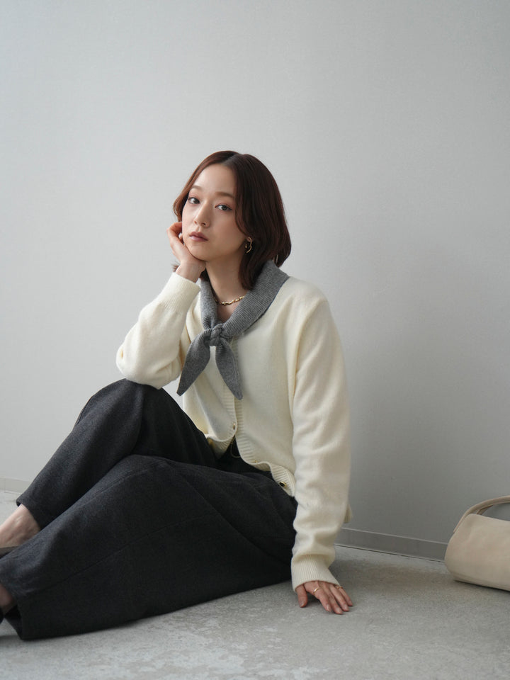 [SET]デザイン襟ニットカーディガン+ベルト付起毛コクーンパンツ(2set)