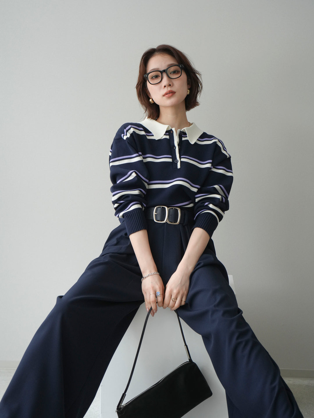 [予約]マルチボーダーポロニットトップス/navy