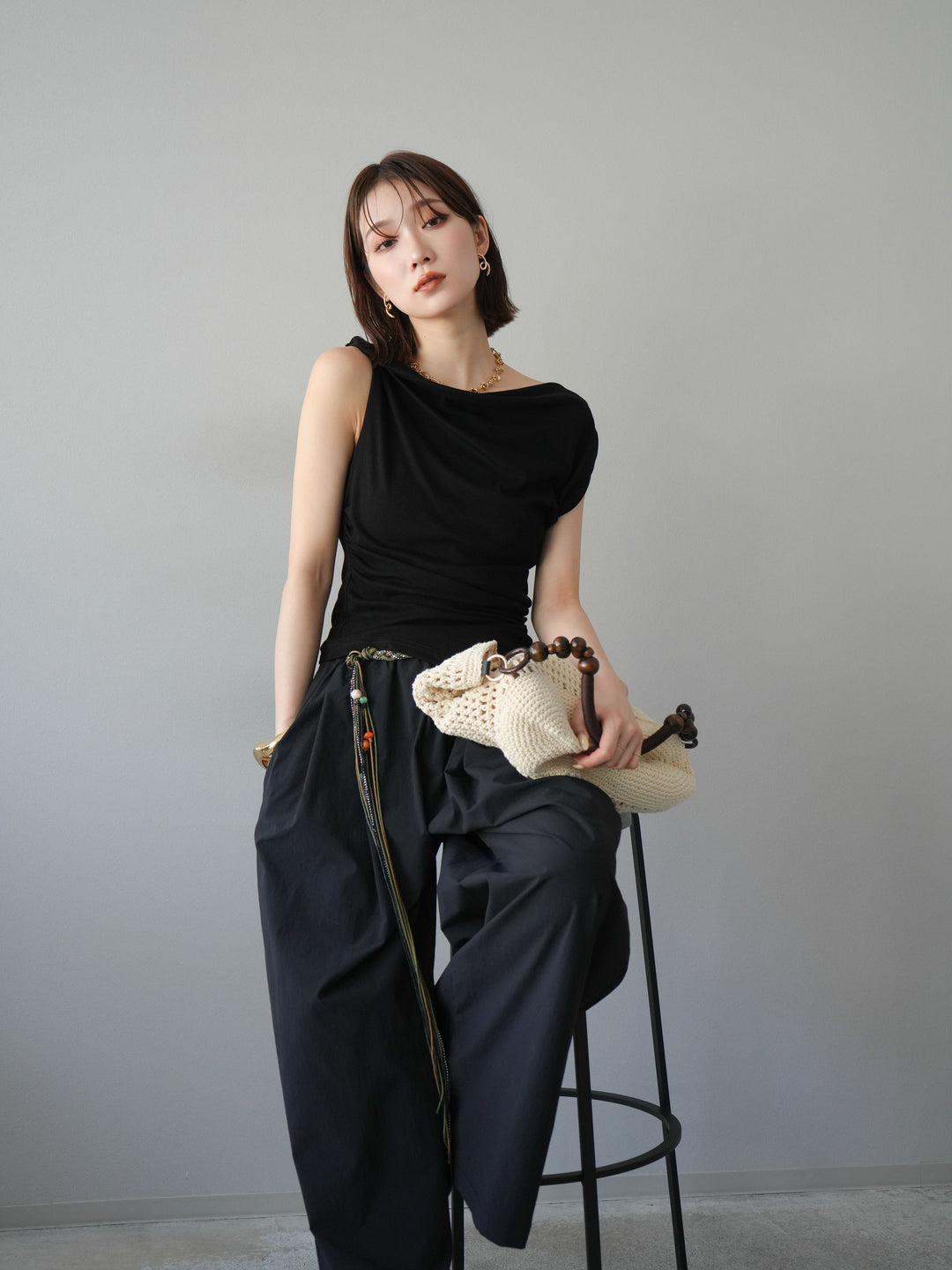 [SET]タックデザイントップス＆ビーズベルト付きパンツSET UP(2set)