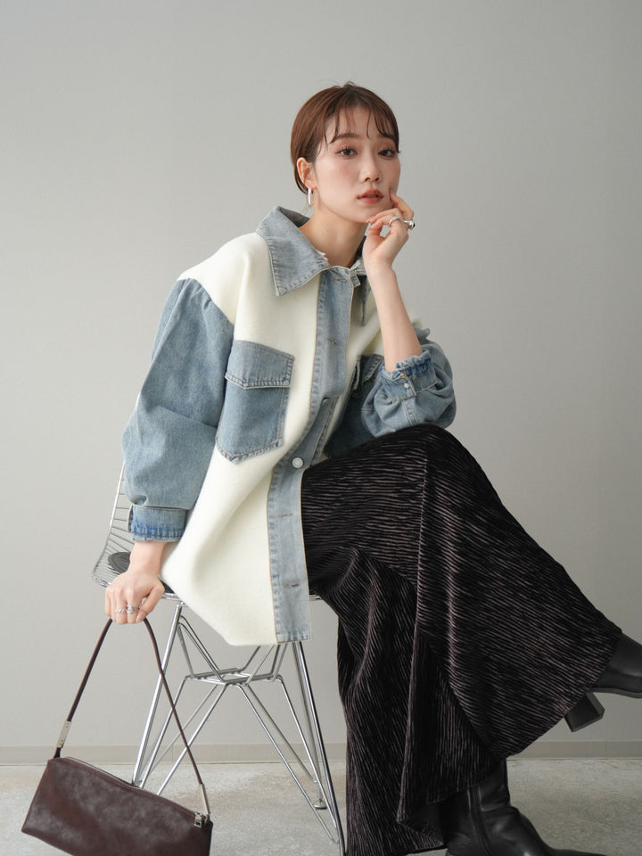 [予約]デニム襟ダブルフェイスニットカーディガン/white