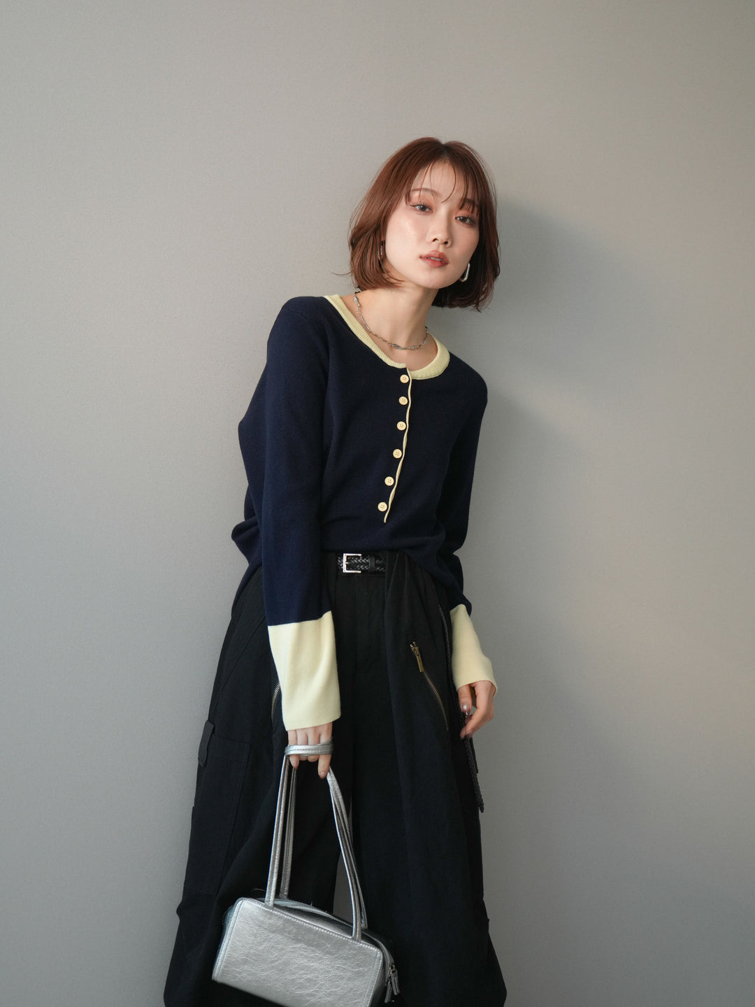 [予約]ヘンリーネック配色ニットソー/navy