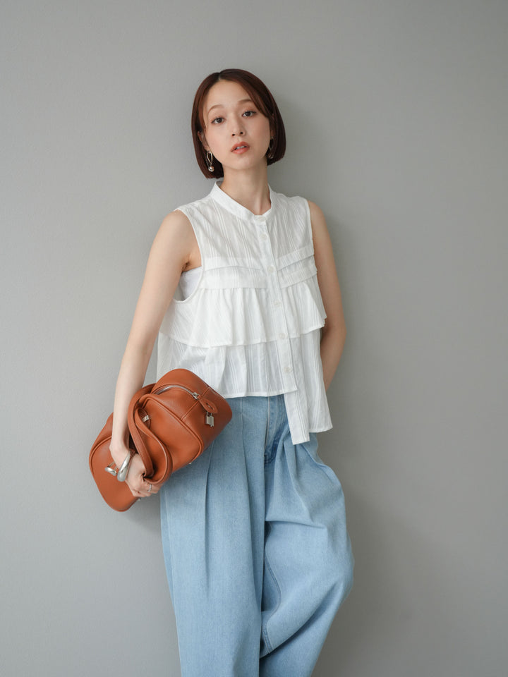 [予約]ドビーストライプアシンメトリーフリルノースリブラウス/ホワイト