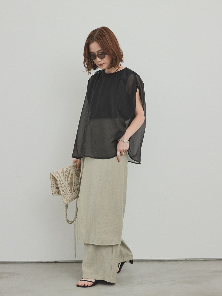 [SET]コンパクトスムースシアーレイヤードトップス+ワッシャーサテンレイヤードスカートパンツ(2set)