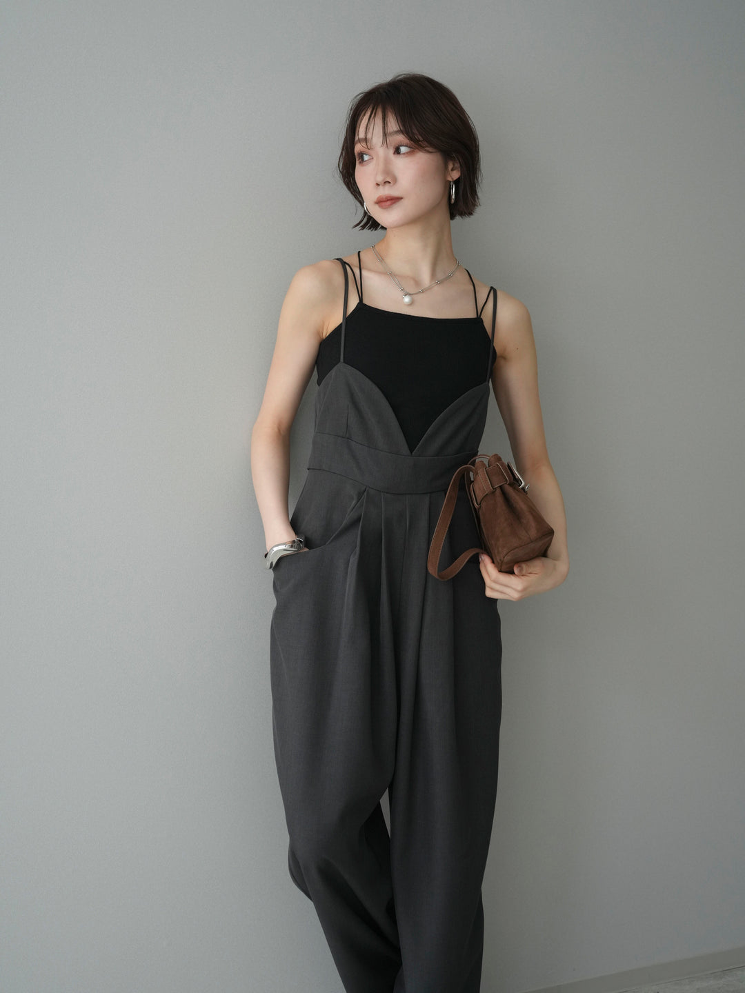 [予約]バックデザインサロペット/charcoal