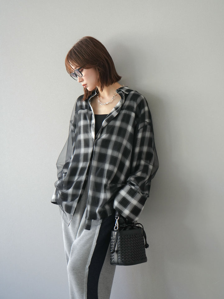 [套裝] 薄紗對接格紋寬鬆襯衫 + 牛仔布 Switch 2-Way 設計運動褲 (2 套)