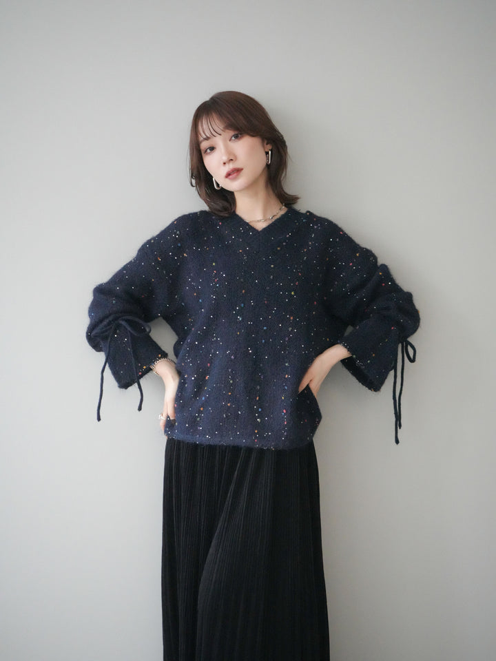 [予約]キャンディースリーブカラーネップスパンコールニットプルオーバー/navy